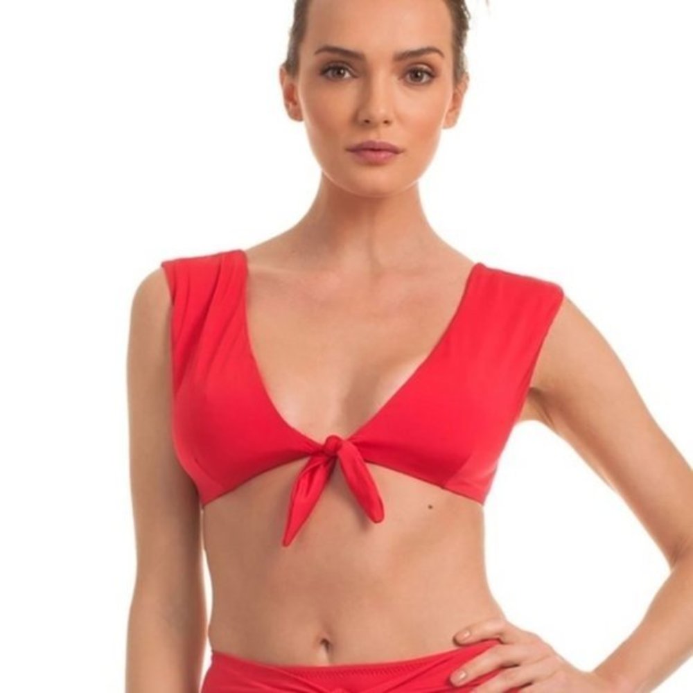 Trina Turk Getaway Solid Red Cap Sleeve Bathing Swimsuit Bikini Top Size 12 NWT
